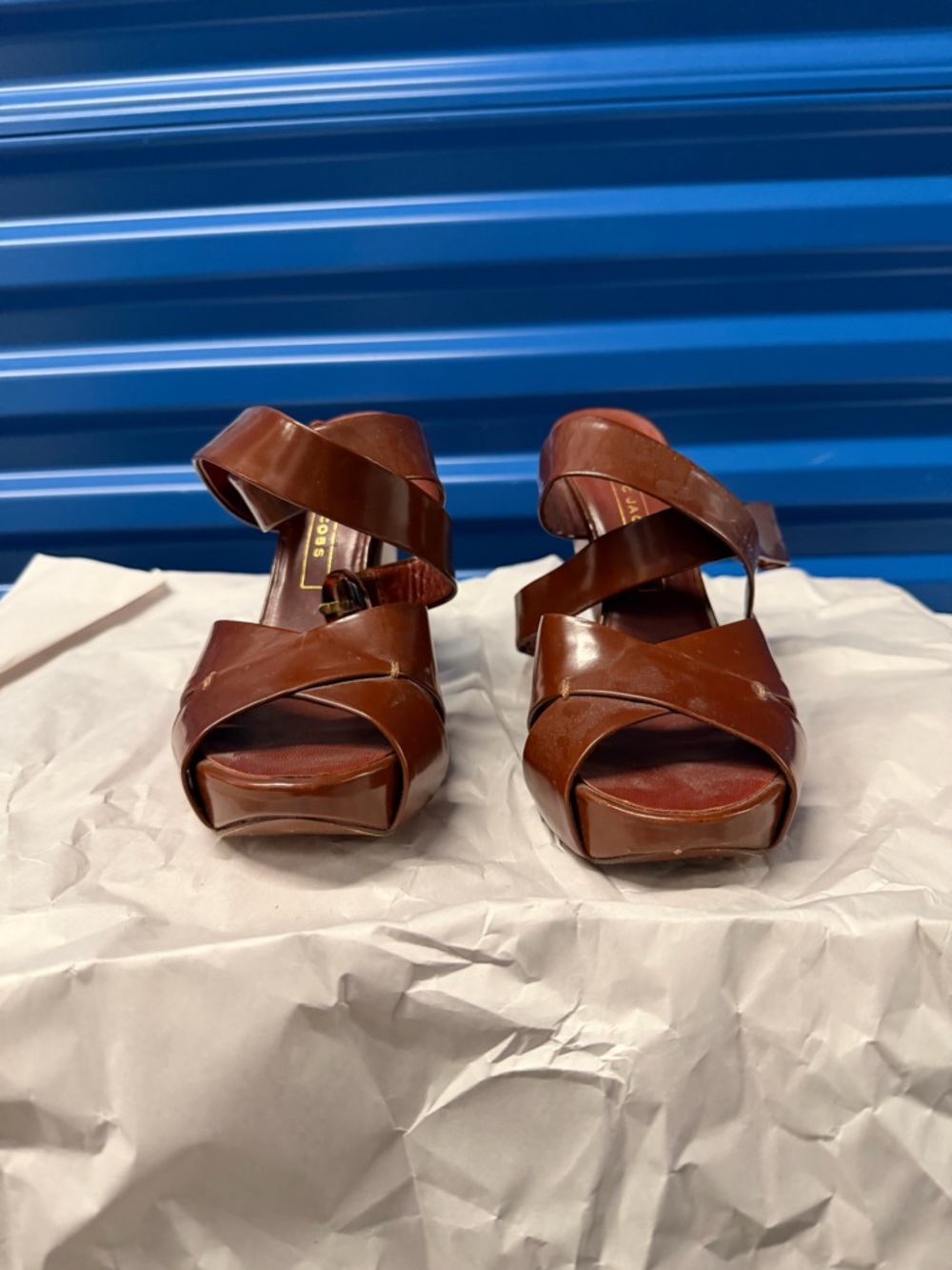 Marc Jacobs Brown Patent Platform Sandals with Tortoise buckle